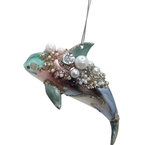 Dolphin Christmas Ornament Blue Glass Nautical Ocean Seaside Jeweled - Picture 5 of 9